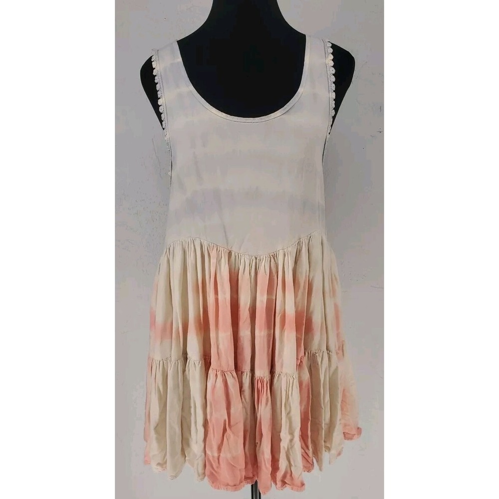 Lovecat S/M | Blue Pink Tie Dye Crochet Trim Tiered Boho Mini Dress Women